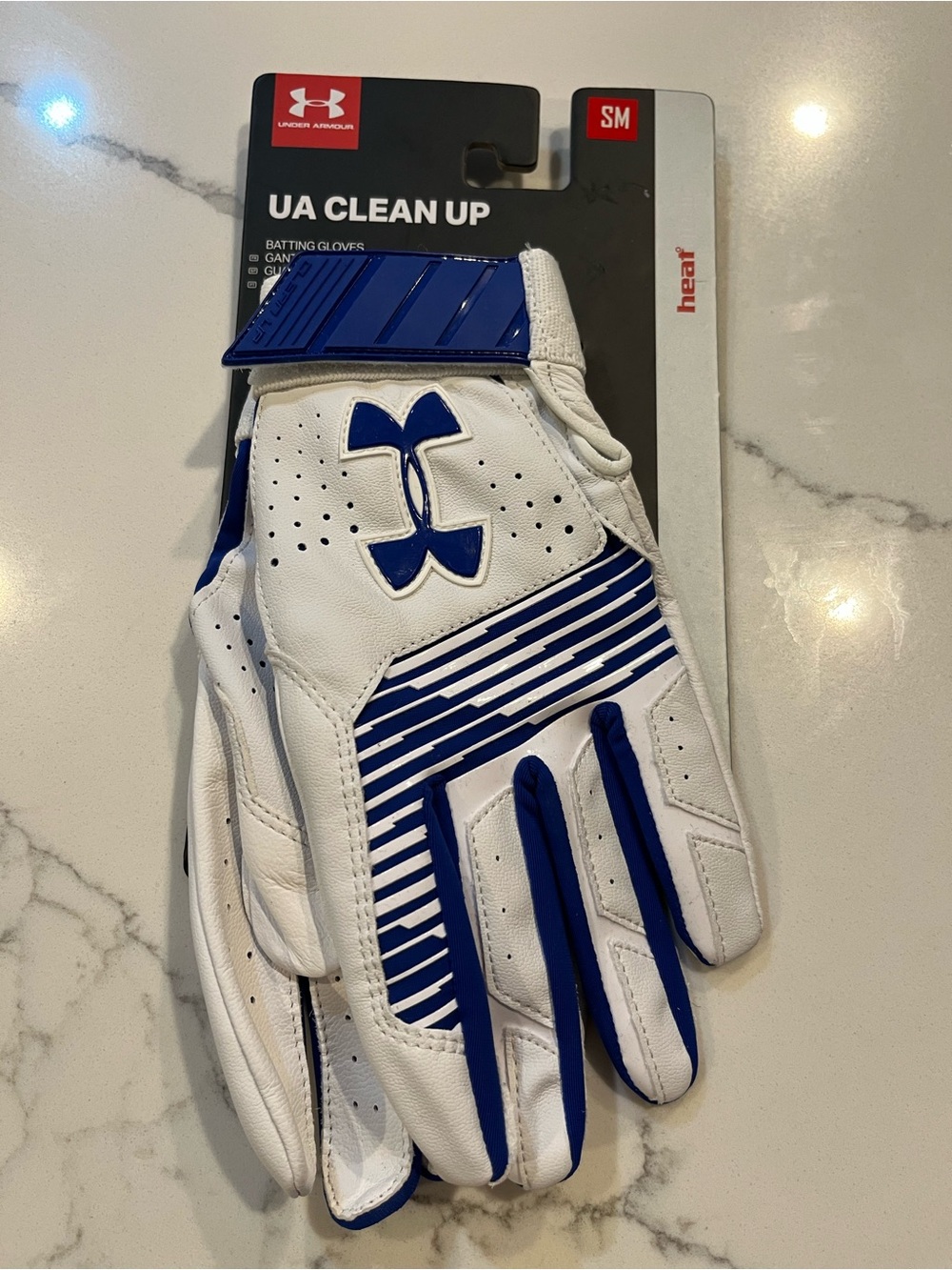 Under Armour White and Royal Blue Batting Gloves - UA Clean Up size Small
